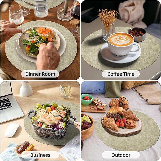 15 inch Faux Leather Round Placemats Set of 6 Non-Slip Washable Wipeable Table Mats, Heat Resistant Waterproof Oilproof Sage Green Place Mats for Kitchen, Dining, Party, Indoor, Outdoor