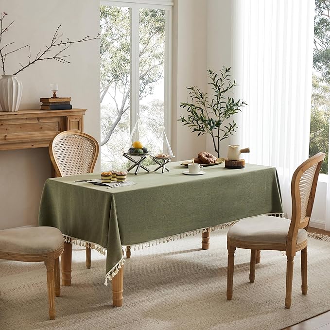 Linen Tablecloth with Tassels, Farmhouse Style Green Tablecloth, Water Resistant Burlap Tablecloths for Rectangle Table, 60x104 Inch Olive