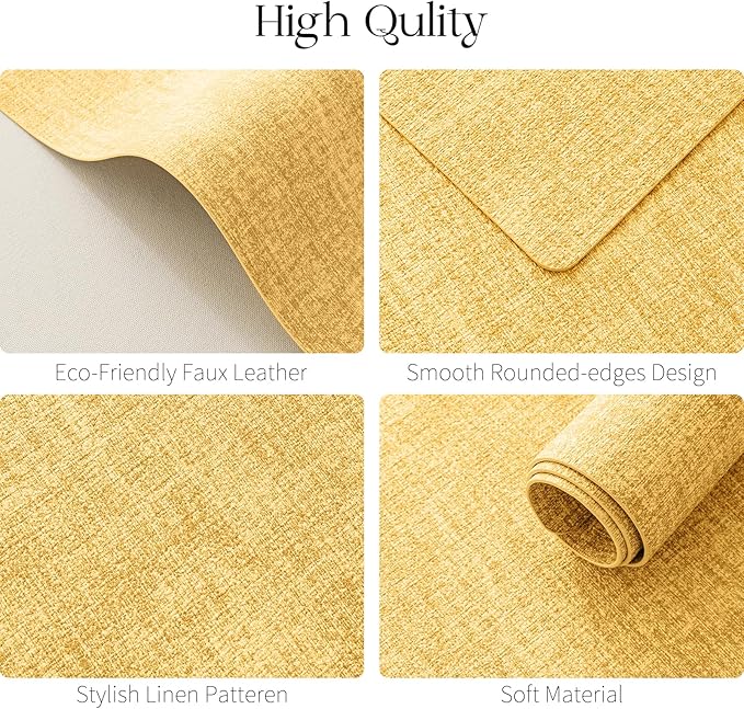 MOSAYT Faux Leather Placemats Set of 6, Heat Resistant Wipeable Washable Vinyl Place Mats with Coasters, Waterproof Oil Proof Table Mats for Kitchen Dining Party Indoor Outdoor, 12" x 17", Yellow