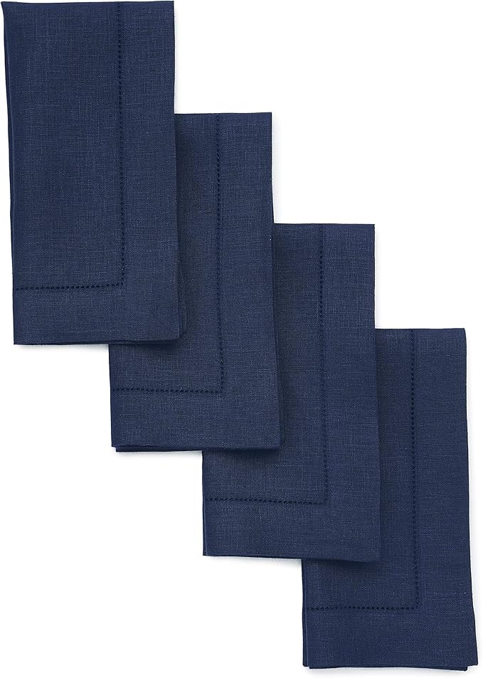 Solino Home Navy Blue Linen Napkins Set of 4-100% Pure Linen Hemstitch Dinner Napkins 20 x 20 Inch for Winter, Easter - Classic Hemstitch