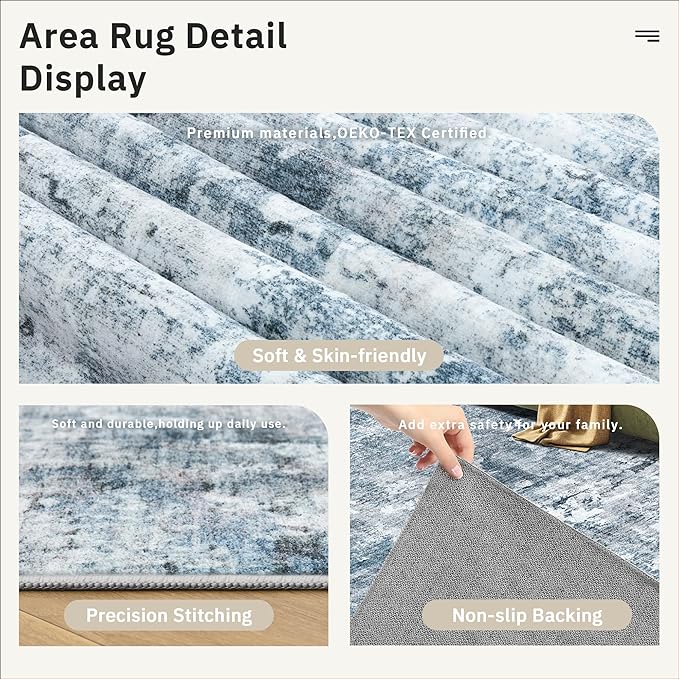 Abstract Rug 5x7 Machine Washable Area Indoor Blue Low Pile Non-Slip Foldable Thin Accent Rugs for Bedroom Living Room Dining Room