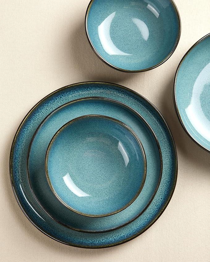 24 Pieces Dinnerware Set for 6 with Pasta Bowls, Complete Ceramic Dish Set, Stackable & Glossy Stoneware Plate and Bowl Set for Effortless Everyday Hosting, Green Black