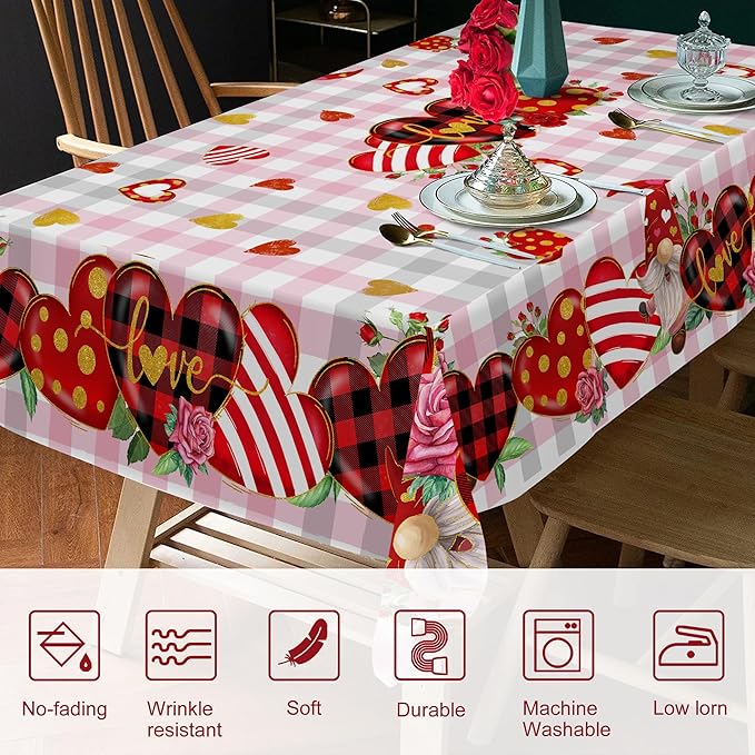 Valentines Day Tablecloth, Valentines Tablecloth Rectangle 52 x 70 with Red Heart and Roses, Valentines Oblong Table Cloth Gnome Holiday Kitchen Table Cover for Dining Room Indoor Decor