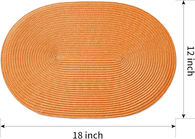 FunWheat Oval Braided Placemats Set of 8 Table Mats for Dining Tables Washable Heat Resistant Place Mats for Indoor Outdoor Use 12 x18 Inch(Oval Orange, 8pcs)