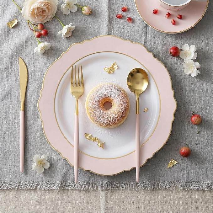 I00000 144Pcs Pink Plastic Silverware, Gold Disposable Flatware with Pink Handle, Gold Plastic Cutlery Set Includes: 48 Forks, 48 Knives and 48 Spoons Perfect for Party & Wedding