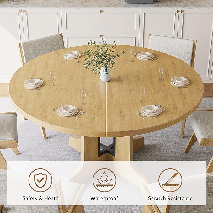 iPormis 59" Round Extendable Dining Table for 4-6, Modern Kitchen Table with Heavy Duty Pedestal Base & Wooden Top, Oval Dining Room Table for Dining Living Room, Easy Assembly, Oak
