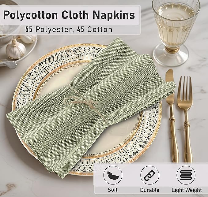 Ruvanti Cloth Napkins Set of 12, 18x18 Reusable Napkins Cloth Washable, Soft & Durable Table Napkin, Poly Cotton Fabric Dinner Napkins for Parties, Christmas, Thanksgiving, Weddings - Olive Branch