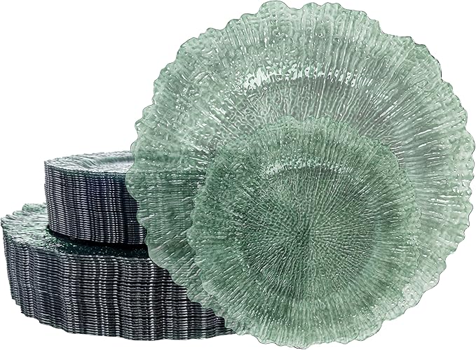 U-QE 60PCS Clear Green Plastic Plates - Green Plates Disposable Heavy Duty - Disposable Plastic Plate for Party, Weddings and Formal Occasions Including 30 Dinner Plate 10" & 30 Appetizer 7"