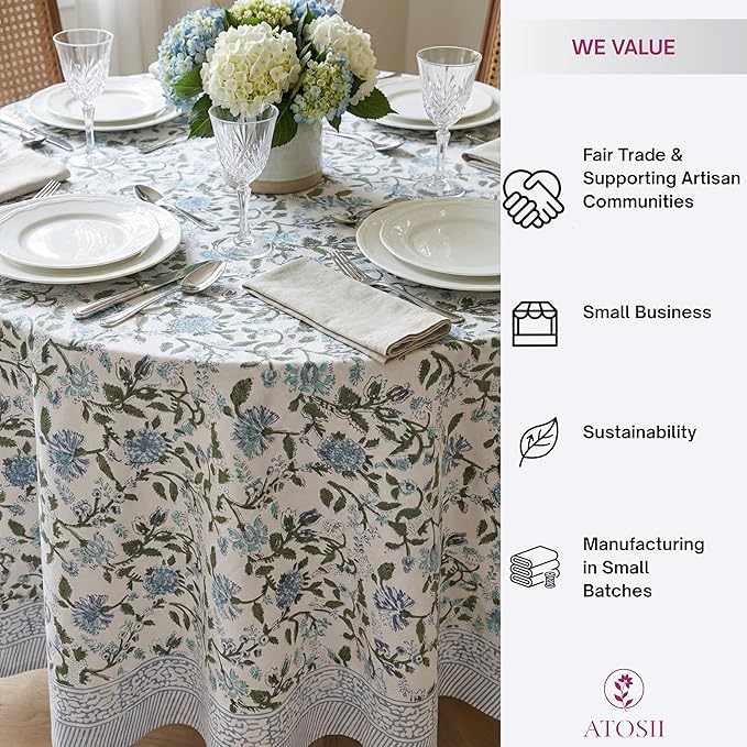 ATOSII Mahoka Blue 100% Cotton Round Tablecloth, Block Print Floral Table Cloth for Dining, Parties, Weddings, Outdoors, Holidays I 90" Inches, 6 Seater I Grandmillennial Farmhouse Boho Summer