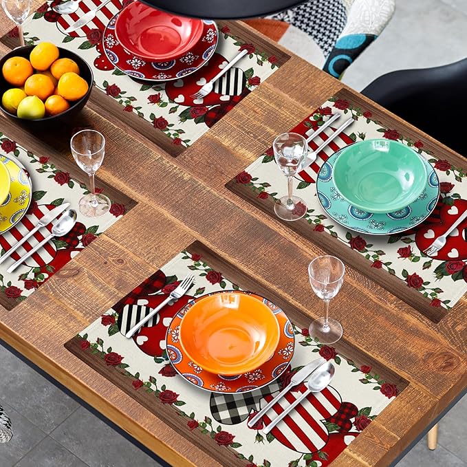 Red Hearts Placemats - Love Place Mats Set of 4 Rose Flower Tablemats 12x18 for Dining Kitchen Farmhouse