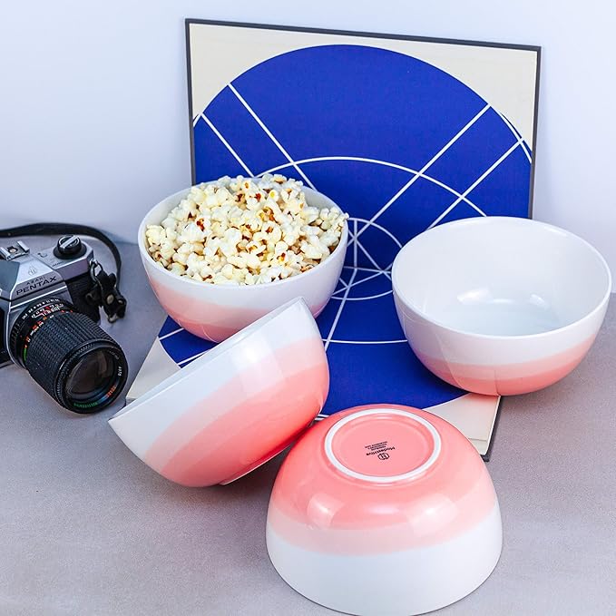 Ombre Cereal Bowls in Jaipur Pink - 34 oz - For Soup, Dessert, Noodle, Salad, Snacks, Serving - Ceramic Porcelain Bowl Set of 4 - Ombre Dinnerware Collection