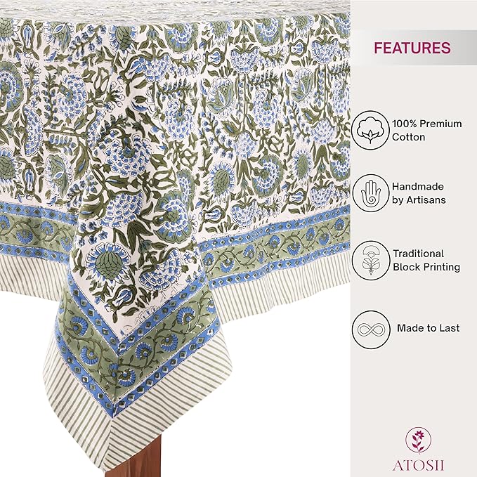 ATOSII Clover Blue 100% Cotton Rectangle Fall Tablecloth, Handblock Floral Linen Table Cloth for Kitchen Dining Table I Parties Christmas Thanksgiving I Fall Home Decor 60 X 108 Inches I 8 Seater