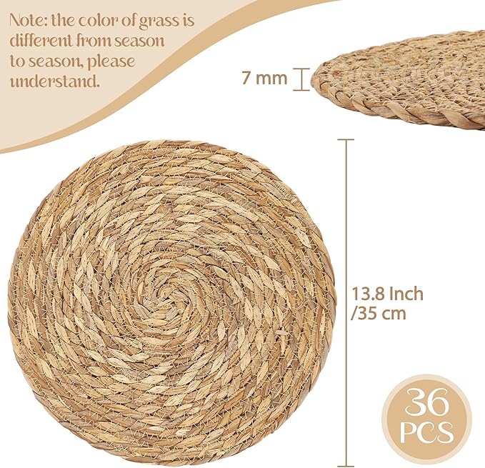 Aneco 36 Pack 13.8-Inch Round Woven Placemats Natural Hand-Woven Boho Rattan Wicker Bulrush Placemat Farmhouse Rustic Braided Table Mats for Dining & Kitchen Decor