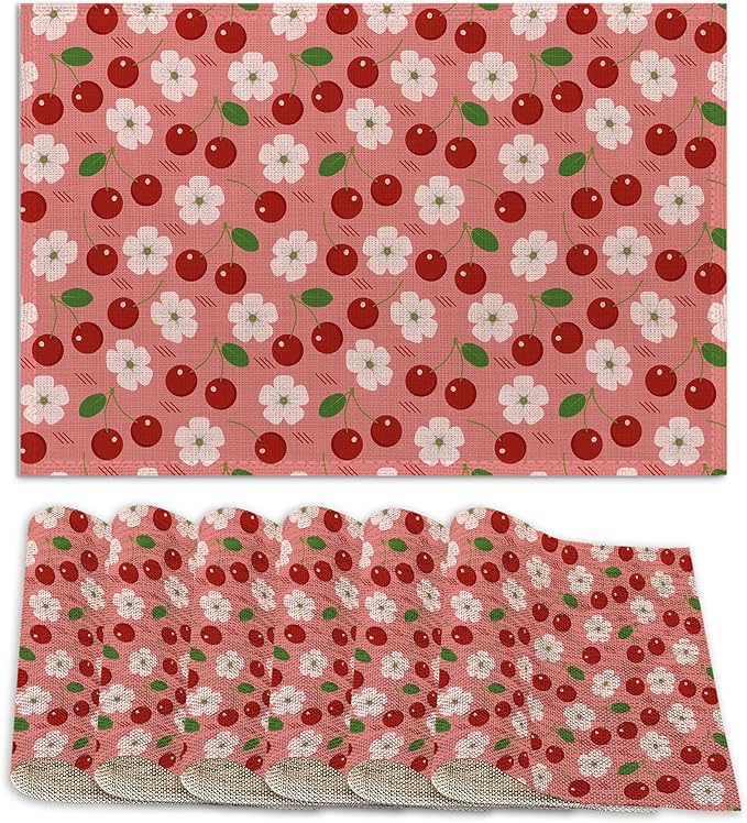 Cherry Berry Flowers Placemats Set of 6 Linen Washable, Heat-Resistant 12x18 Inch Table Place Mats for Kitchen Dining for Home Party Holidays