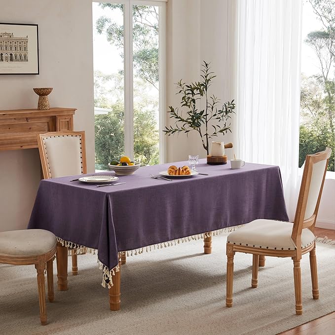 Linen Tablecloth with Tassels, Farmhouse Style Purple Tablecloth, Water Resistant Burlap Tablecloths for Rectangle Table, 60x120 Inch Purple