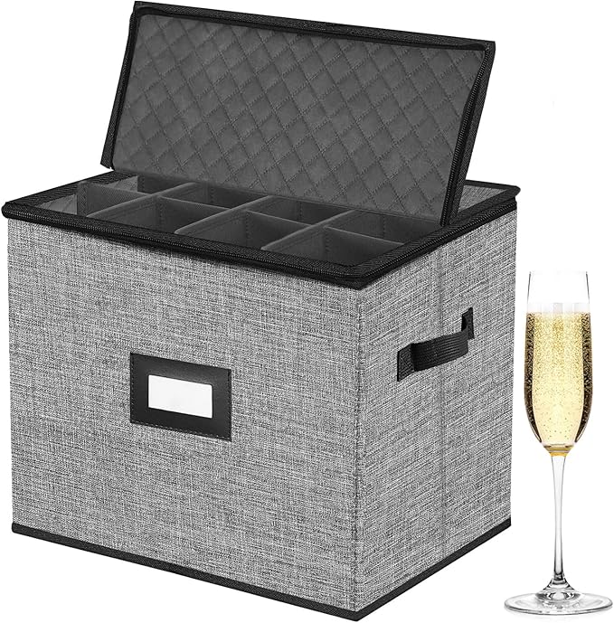 Champagne Flute Storage Box,Quilted Stemware Storage Box Hard Shell,Stackable Champagne Glass Container,Wine Glass, Crystal Glassware, Drinkware Case for Moving Transport(Grey)