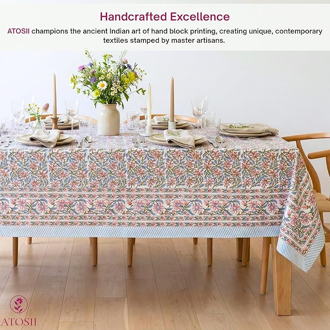 ATOSII Kalina 100% Cotton Rectangle Tablecloth, Handblock Floral Linen Table Cloth for Kitchen Dining Table I Parties Wedding Outdoors I Home Decor 60 X 108 Inches