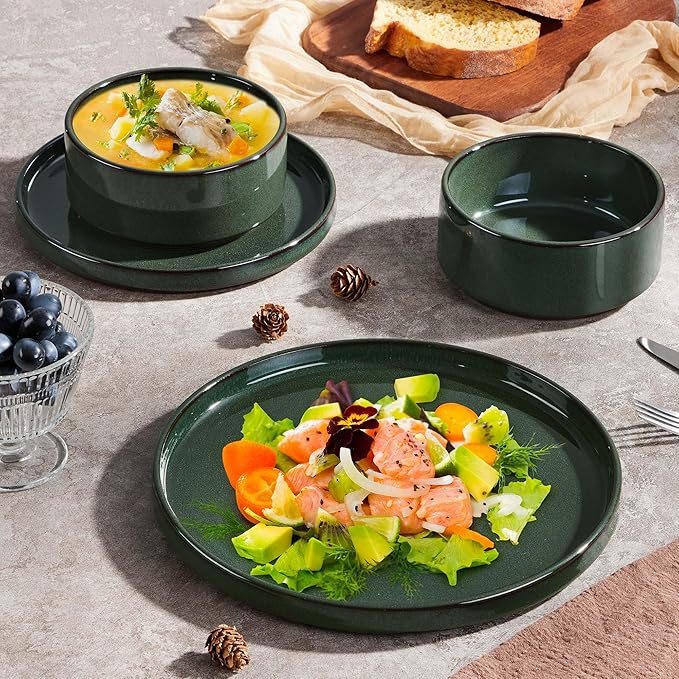 Herogo 12 Pieces Stoneware Dinnerware Set for 4, Ceramic Dinner Dishware Sets for Home Kitchen, Plates and Bowls with Rustic Terracotta Bottom, Dishwasher & Microwave Safe, Dark Green