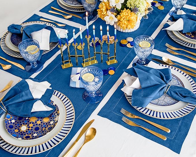 Solino Home Linen Indigo Blue Table Runner 72 Inches Long - 100% Pure Linen Hemstitch Table Runner 14 x 72 Inch for Dresser, Dining, Winter, Spring, Easter - Classic Hemstitch