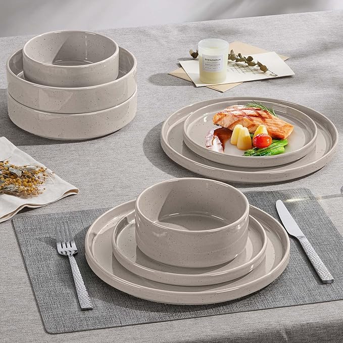 Herogo 16 Piece Plates and Bowls Set, Ceramic Dinnerware Sets with Pasta Bowls, Kitchen Dinner Ware Dishes Service for 4, Chip & Scratch Resistant Dishware, Speckled Coffee Brown