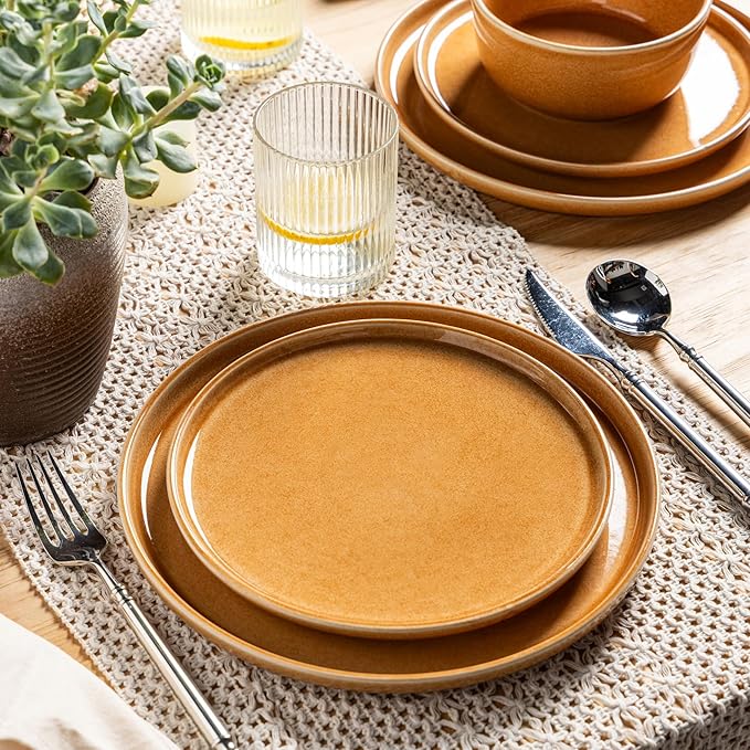 GBHOME Ceramic Dinnerware Sets for 4, 12 Pieces Stoneware Plates and Bowls Sets, Scratch Resistant Dishes, Dishwasher & Microwave Safe, Reactive Glaze-Amber