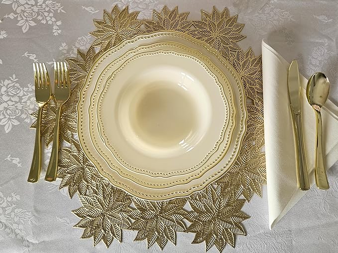 " OCCASIONS " 50 Plates Pack (25 Guests)-Heavyweight Wedding Party Disposable Plastic Plate Set -25 x 10.25'' Dinner + 25 x 7.5'' Salad/dessert plates (Rochelle Ivory and Gold)