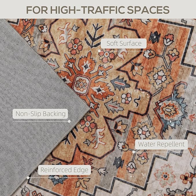HOMCOM Washable Area Rug, 8'x10' Vintage Indoor Distressed Carpet, Retro Floor Cover Foldable, Floral Print Mat for Living Room, Bedroom, Dining Room, Tawny Brown