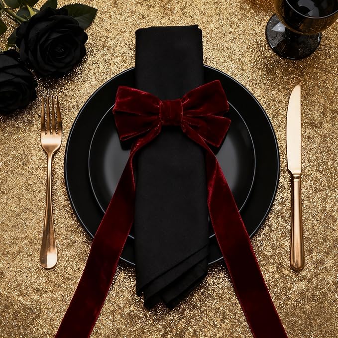 Bow Napkin Rings Set of 6 Luxury Soft Burgundy Velvet Napkin Holders, Elegant Bow Design for Christmas Holiday Dinner Wedding Party Table Decor
