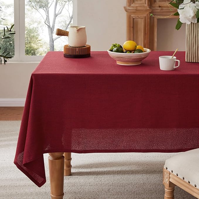 Linen Tablecloth for Square Table, 52x52 Inch Burgundy, Farmhouse Style Red Tablecloth, Water Resistant Burlap Tablecloths for Dining Table Farmhouse Kitchen