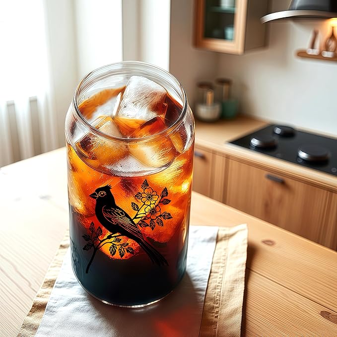 Cute Cardinal Glass Cup With Lids And Straws, Cardinal Gift For Women, Iced, Coffee, Smoothie, Cocktail, Beer, Whiskey, Soda, Matcha,16 Oz, Home Office Table Desk Decoration!