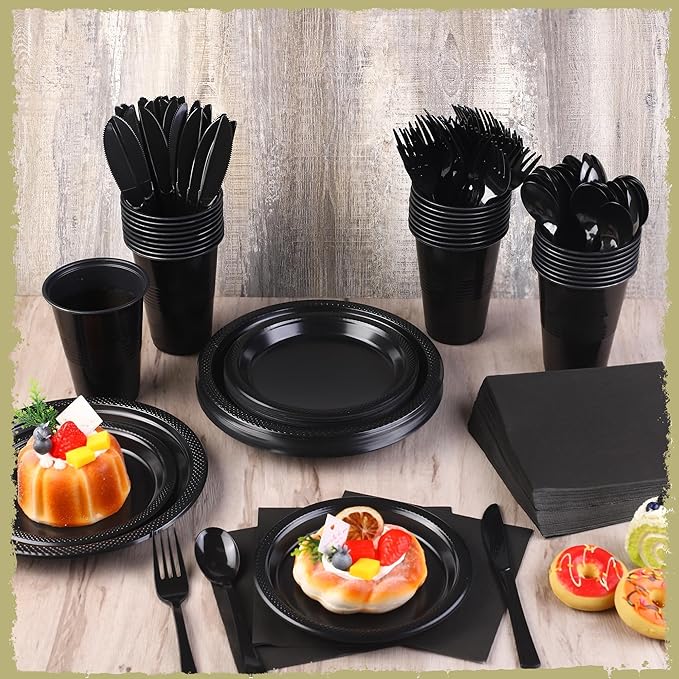 Kochorie 480 Pieces Black Plastic Dinnerware Set for 60 Guests Disposable Heavy Duty Plates Napkins Cups and Silverware Dessert Dinner Plates for Halloween Birthday Wedding Party Supplies