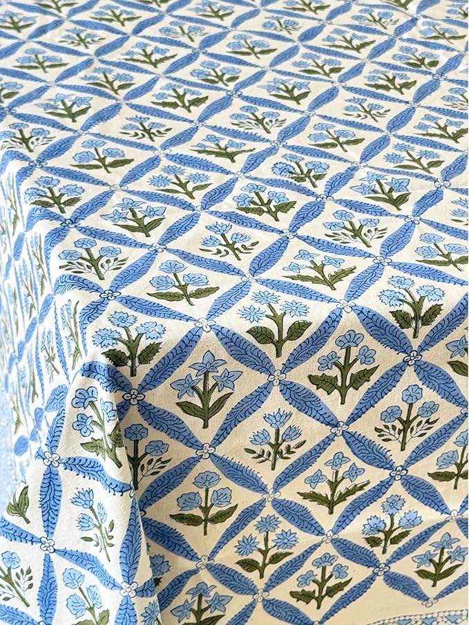 ATOSII Netta Blue 100% Cotton Round Tablecloth, Handblock Print Floral Table Cloth for Kitchen Dining Linen I Parties, Weddings, Outdoors, Picnics I Home Decor 72" Inches Round