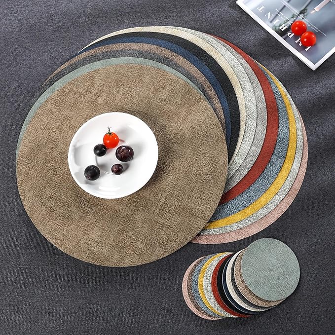 Myir JUN Round Placemats, Dual Sided Faux Leather Place Mats Set of 6 Indoor/Outdoor Non-Slip Washable Table Mats (Gray Pink, Set of 6)