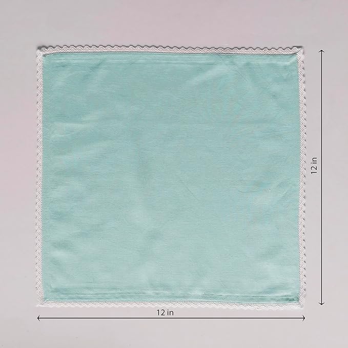 Fingercraft Dinner Cloth Napkin Cotton Linen Blend 12 Pack Mitered Corners with Elegant Lace for Everyday Use Napkins are Pre Shrunk and Good Absorbency (Aqua, 12in x 12in)