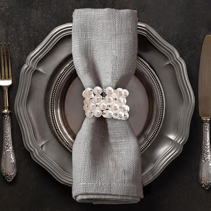 Decozen Set of 16 White Napkin Rings with Pearl Design, Festive, Table Decor Setting for Holiday, Wedding, Birthday, Kitchen, Home Decor, Housewarming Gift - Mothers Day Decorations