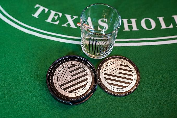 Premium American Flag Leather Coasters Set with Foil Stamped Logo - 4 USA Drink Coasters for Home, Bar Office | Flag Leather Coasters