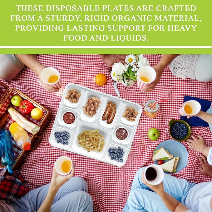 three leaf 9 COMPARTMENT BAGASSE RECTANGULAR PLATE, 25 Ct. Heavy-Duty- Super Strong- Natural- Eco-Friendly Disposable Bagasse Plates, 100% Biodegradable 9 compartment plates
