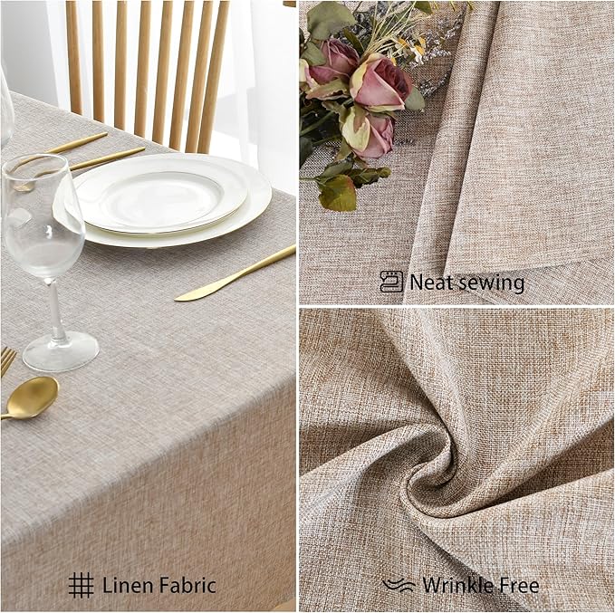 JIUZHEN Faux Linen Farmhouse Tablecloth Rectangular, Wrinkle Stain Resistant Table Cloth Rectangle Table Cover for Kitchen Dining, Holiday Party Dinner, Stone, 60 x 84 Inch