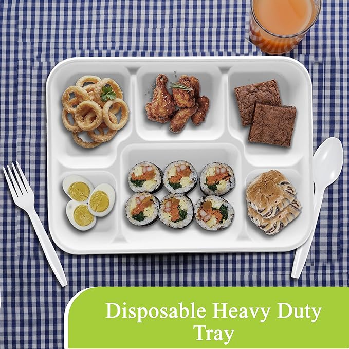 three leaf 6 Compartment Bagasse Tray 400 Ct. Heavy Duty, Super Strong,Eco Friendly Disposable Bagasse Plates,100% Biodegradable Plates, Microwave and Freezer Safe, Ideal for Party, Dinner and Picnic