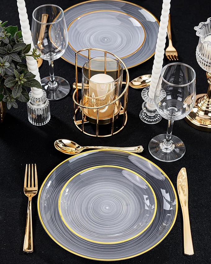 Morejoy 100Pcs Clear Plastic Plates,Clear Disposable Plates With Gold Rim,Heavy-duty Gold Plate, Modern swirl design Plate Include 50Clear Dessert-Platos,50Dinner-Platos for Party&Christmas