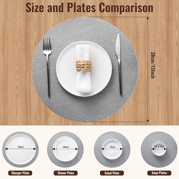 Jovono 15" Faux Leather Big Round Placemats Set of 8 - Washable Heat Resistant Non-Slip Dining Table Mats with Fabric Texture for Kitchen Home Party Decor, Light Gray