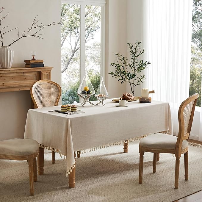 Linen Tablecloth with Tassels, Farmhouse Style Light Beige Tablecloth, Water Resistant Burlap Tablecloths for Square Table, 60x60 Inch Light Tan