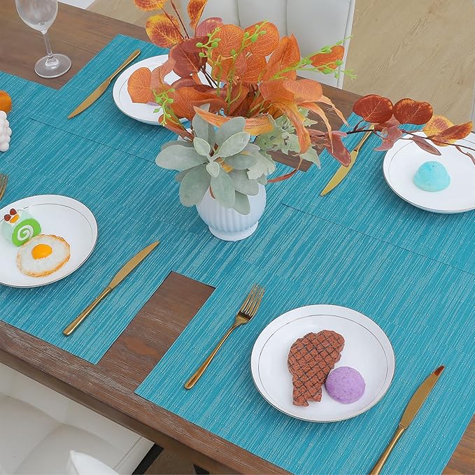 SHACOS Woven Vinyl Placemats Set of 4 Wipe Clean PVC Heat Resistant Place Mats Durable Waterproof Stain Resistant Indoor Outdoor Table Mats (4, Teal Blue)