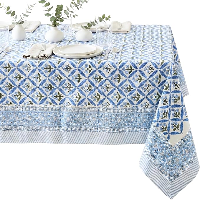 ATOSII Netta Blue 100% Cotton Rectangle Summer Tablecloth, Handblock Floral Print Linen Table Cloth for Kitchen Dining I Parties, Weddings, Outdoors, Decor 60 X 90 Inches, 6 Seater