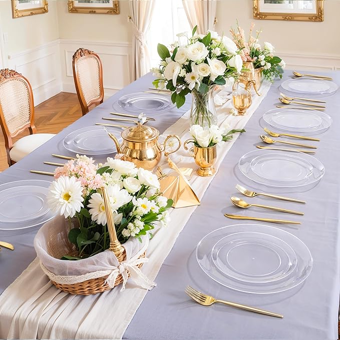 I00000 200 PCS Clear Plastic Plates for 100 Guests Include: 10.25 inch 100 Pieces Dinner Plate and 7.5 inch 100 Pieces Dessert Plate, Clear Plates for Party Perfect for Party & Wedding