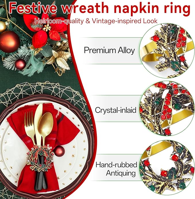 ZeeDix Christmas Wreath Napkin Rings Set of 6, Holiday Christmas Napkin Ring Holders for Cloth Napkins, Xmas Napkin Rings for Thanksgiving Holiday Dinner Party Table Setting