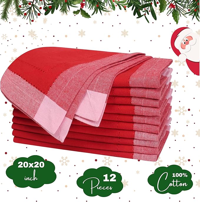 Bedding Craft Christmas Cloth Napkins Set of 12 – 20x20 Red Cotton with Double Hemstitch – Soft, Durable & Washable Table Napkins for Farmhouse Décor, Thanksgiving, Holiday Parties & Everyday Use