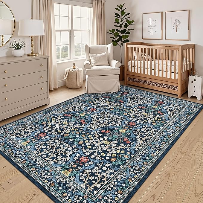 GarveeHome 6x9 Washable Area Rug for Living Room, Floral Dining Room Rugs for Under Table, Low Pile Non-Slip Stain Resistance Floor Carpet for Bedroom, Dark Blue