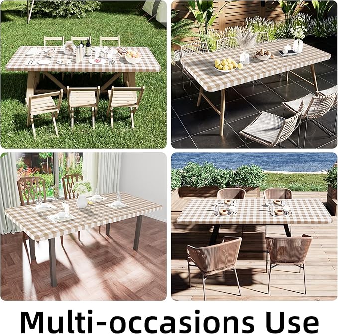 Smiry Rectangle Picnic Table Cloth, Elastic Waterproof Fitted Vinyl Tablecloths, Flannel Backed Buffalo Plaid Table Covers for Dining, Camping, Outdoor (White and Khaki, 30" x 48")