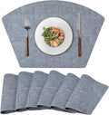 Round Table Placemats Set of 6, Faux Leather Wedge Shape Place Mats Heat Resistant Wipeable Washable Table Mats for Dining Outdoor Indoor, Blue